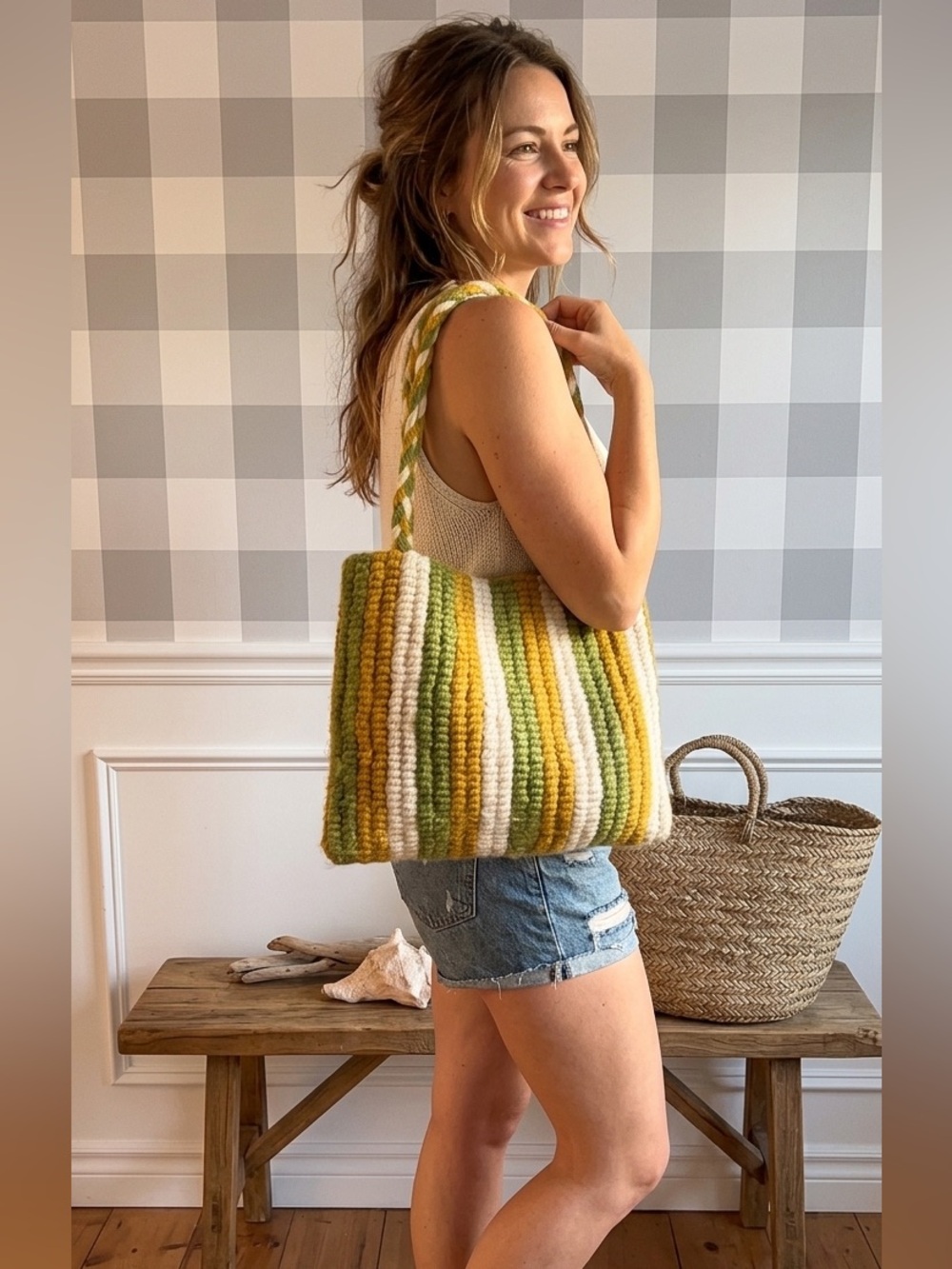Vintage Thick Crochet Shoulder Bag in Green, Mustard & Cream Summer‎ Beach